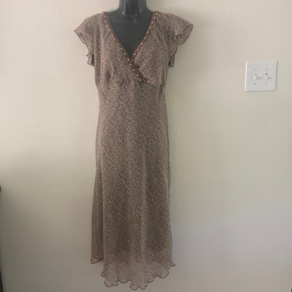 VINTAGE Believe Dress Size 12 Chiffon Flutter Ruffle Brown Wood Beads Fairy Y2K